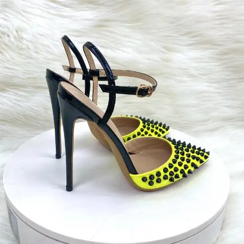 

Size 33 Women Yellow Leather Black Spike Rivet Studded Ankle Strap Hollow 8 10 12 CM Thin Heels Slingback Summer Sandals Shoes