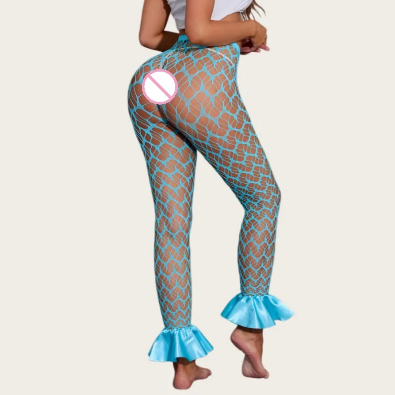 Blue Hollow Out Fishnet Exotic Pants for Women New Fashion Flared Pantyhose High Waist Sexy Lingerie Ruffle Bell Bottom Trousers