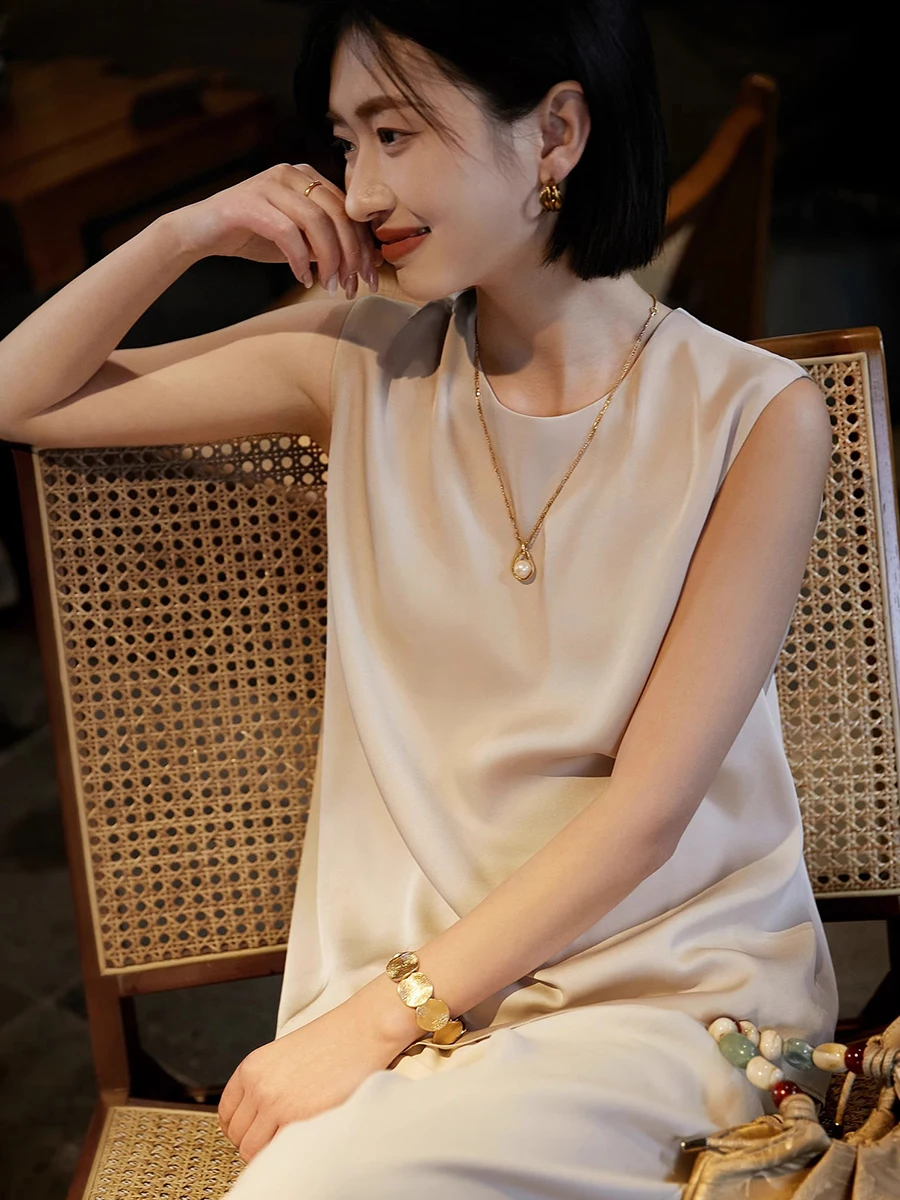 

Шелковая женская роскошная блузка-топ с круглым вырезом, простая атласная свободная летняя блузка прямого кроя, модная шелковая блузка для похудения