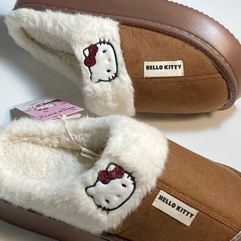 Hello Kitty Plush Slippers Winter Cosy Warm Slippers Women Men Cotton Slipper Non-Slip Soft Slides Indoor Mule Home Cotton Shoes