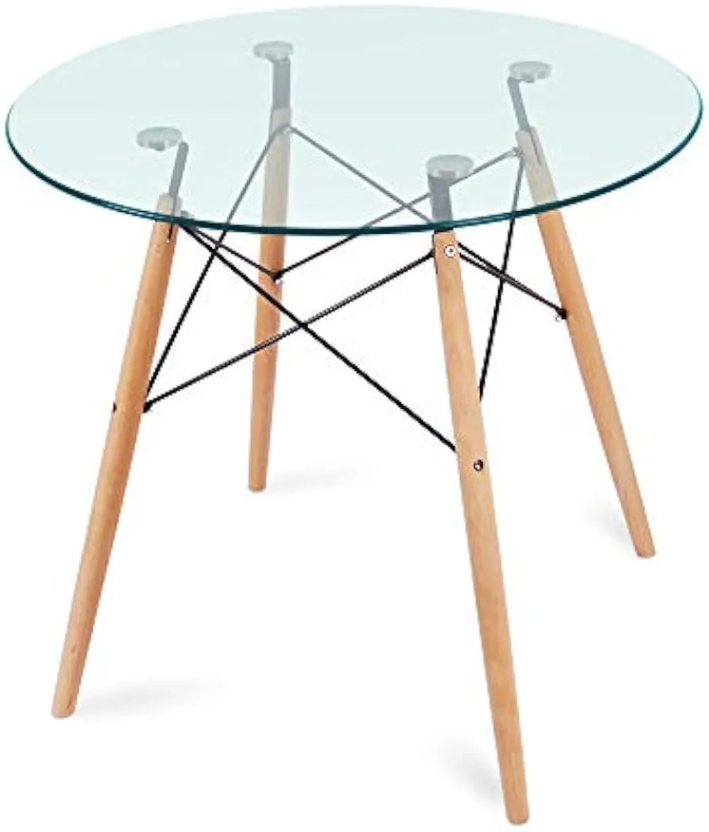 

Round Glass Dining Table, Coffee Desk with 4 Beech Wood Legs for Kitchen Living Room