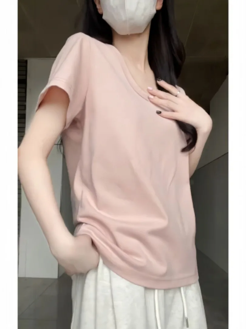 

Sweet-style V-neck Loose-fit Short-sleeved T-shirt Women Summer Lazy-chic Versatile Casual Plain Colour Soft Cotton