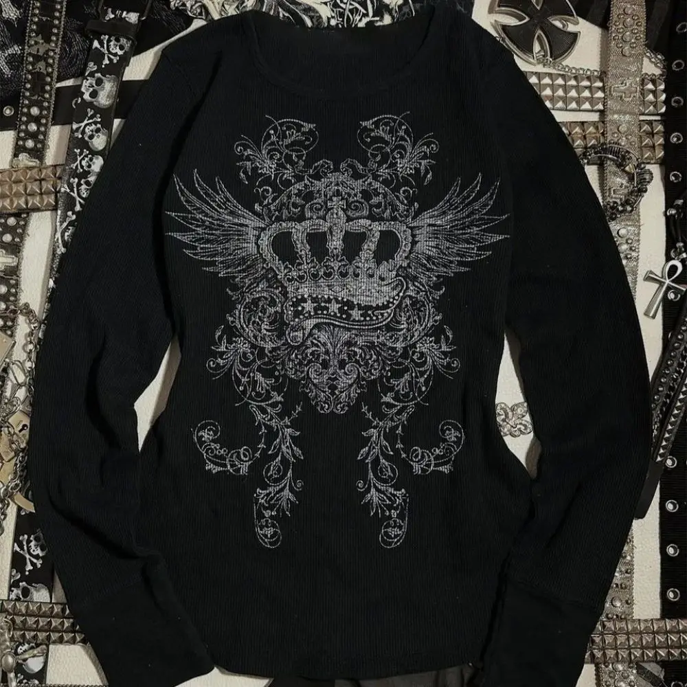 Crown Wing Print Ribbed Long Sleeve Top Women 2026 Black Slim Fit Gothic Y2K Streetwear Tee