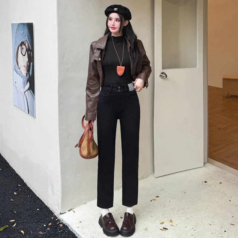 

American style High Waist Slim Fit Leg Denim Jeans Women's Autumn Winter Fashion Elastic Loose Popular Smoke Tube Pants Trendy