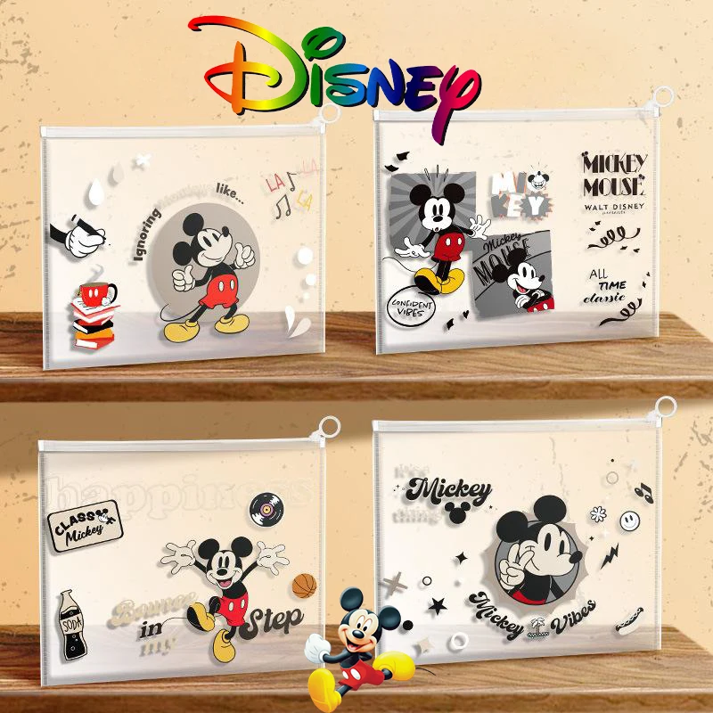 4 pezzi Disney Topolino A4 Borse per documenti PP Borse con chiusura a zip Cartelle di file Custodia Borsa di stoccaggio Forniture per ufficio scolastico Astuccio