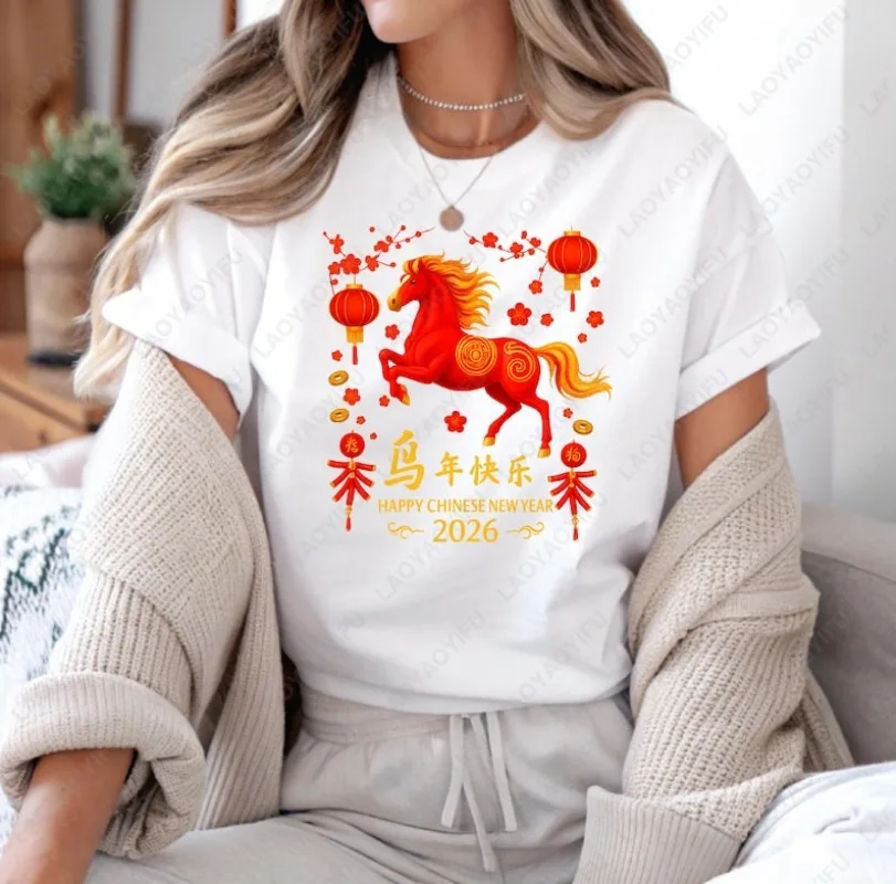 Chinese New Year Fire Horse Cotton Shirts Year Of The Horse Lunar New Year Lantern O-neck Printed Tops Ropa Mujer Women Clothes