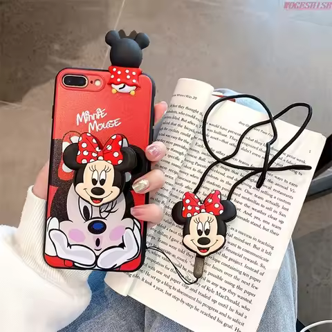 3D Minnie Mickey Case With Holder Rope For Samsung Galaxy A14 A20 A30 A20S A22 A23 A24 A31 A70 A70S A21S A81 A91 Lanyard Cover