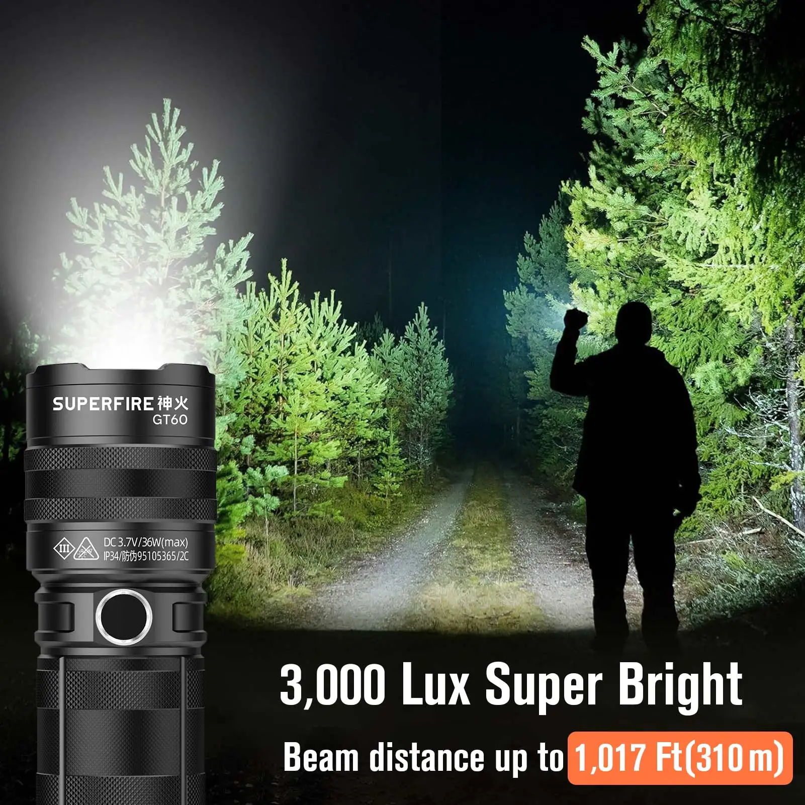 SUPERFIRE GT60 xhp90 2600lm LED Flashlight with Taillight Zoom USB-C Chargeable Lantern Built in 6000mAh Battery Camping Torch