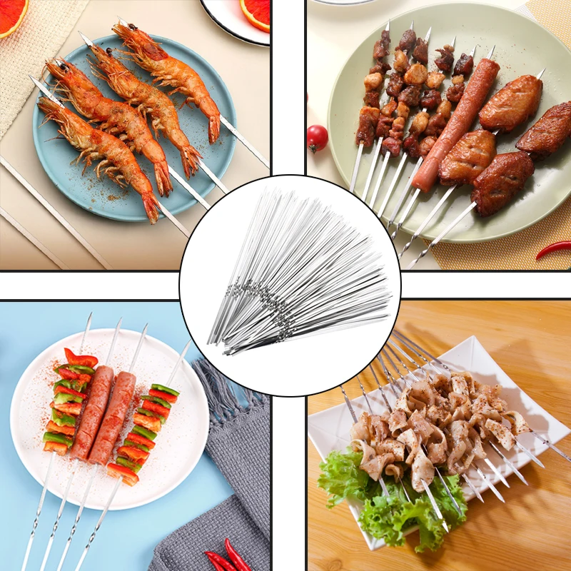 BBQ Skewers Stainless Steel Barbecue Flat Skewer Kebab Iron Stick For Outdoor Camping Picnic Cooking Tool Reusable BBQ Tools