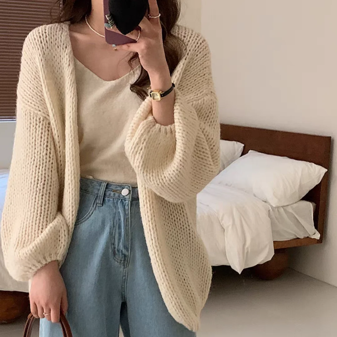 

Soft Knitted Open Cardigan Women's Spring Autumn Loose Lazy Sle Pure Color Long Sve Sweater Coat V Ne Regular Length