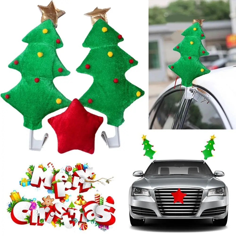 Christmas Car Decor Holiday Car Accessories Elk Antlers and Nose Decoration Kit Christmas Tree Reindeer Antlers for Car Truck