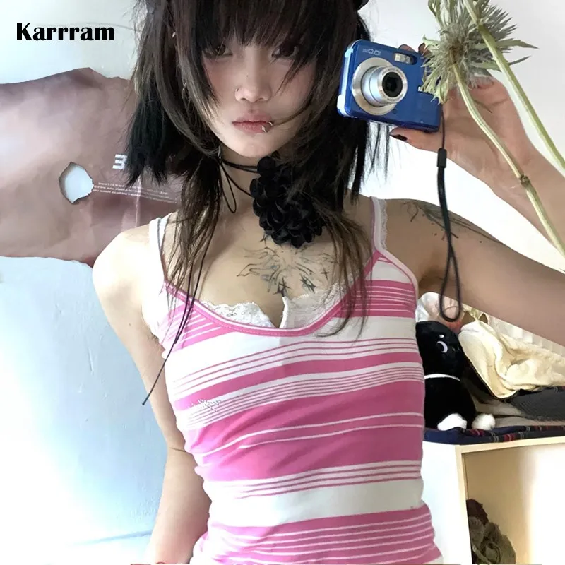 Karrram Y2k Aesthetics Camisole Japanese Harajuku Cami Top 2000s Kawaii Crop Top Fairycore Pink Striped Tank Top E-girl Grunge