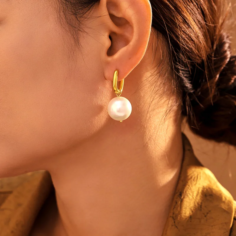 U Shaped Stainless Steel Earrings with Shell Pearl Plated 18K Gold Waterproof Non-Allergenic Color-Retaining Jewelry for Women
