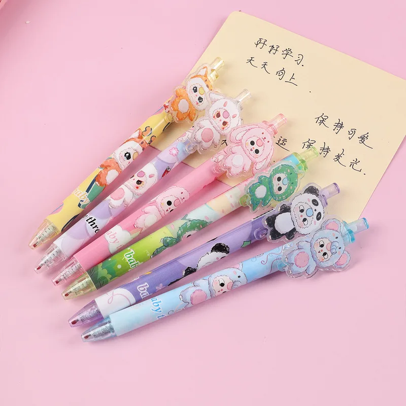 In Stock Baby Three Series Gel Pens 6pcs 0.5mm Black Cartoon Student Press Signature Pen Writing Exercise Stationery Wholesale
