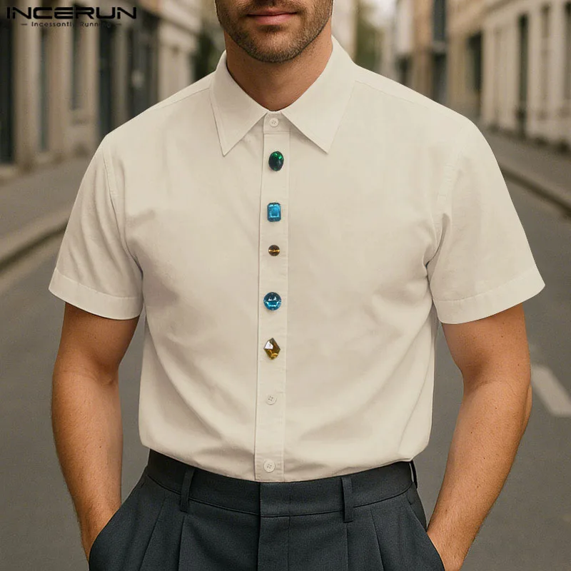 

INCERUN Men Shirt Lapel Short Sleeve Summer Shiny Decoration Casual Men Clothing Streetwear Loose Fashion Male Shirts 2025 S-5XL