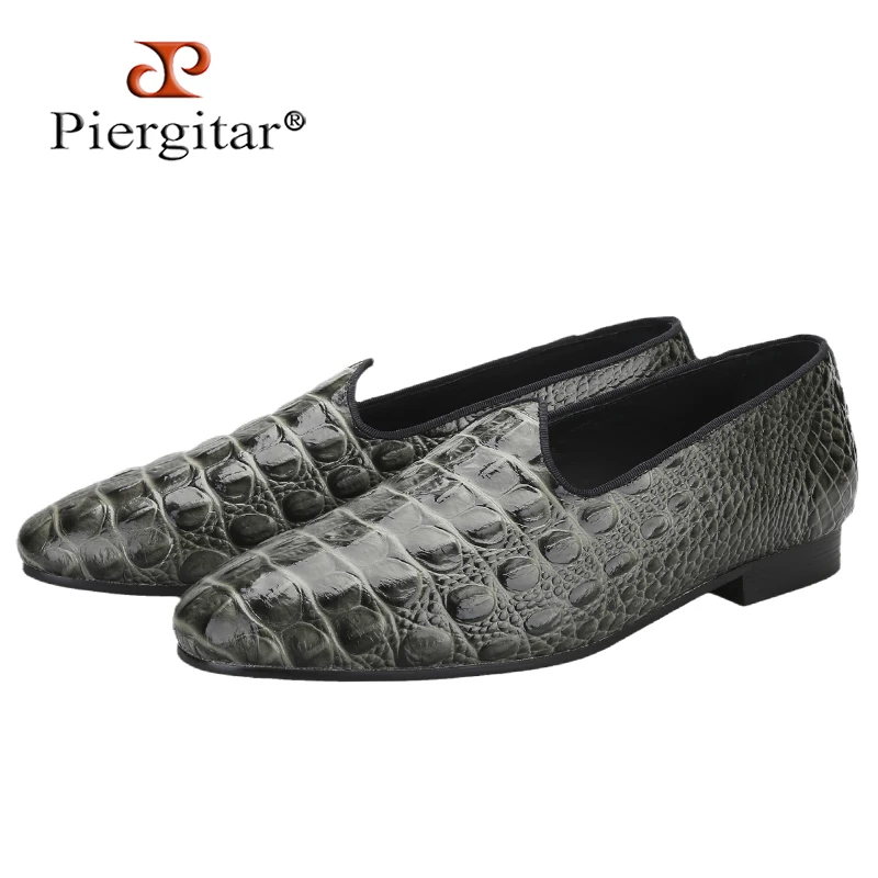 

Piergitar Export Luxury Brand’s Crocodile Bone Back Embossed Vegetable-Tanned-Leather Loafers Handmade Men's Smoking Slippers