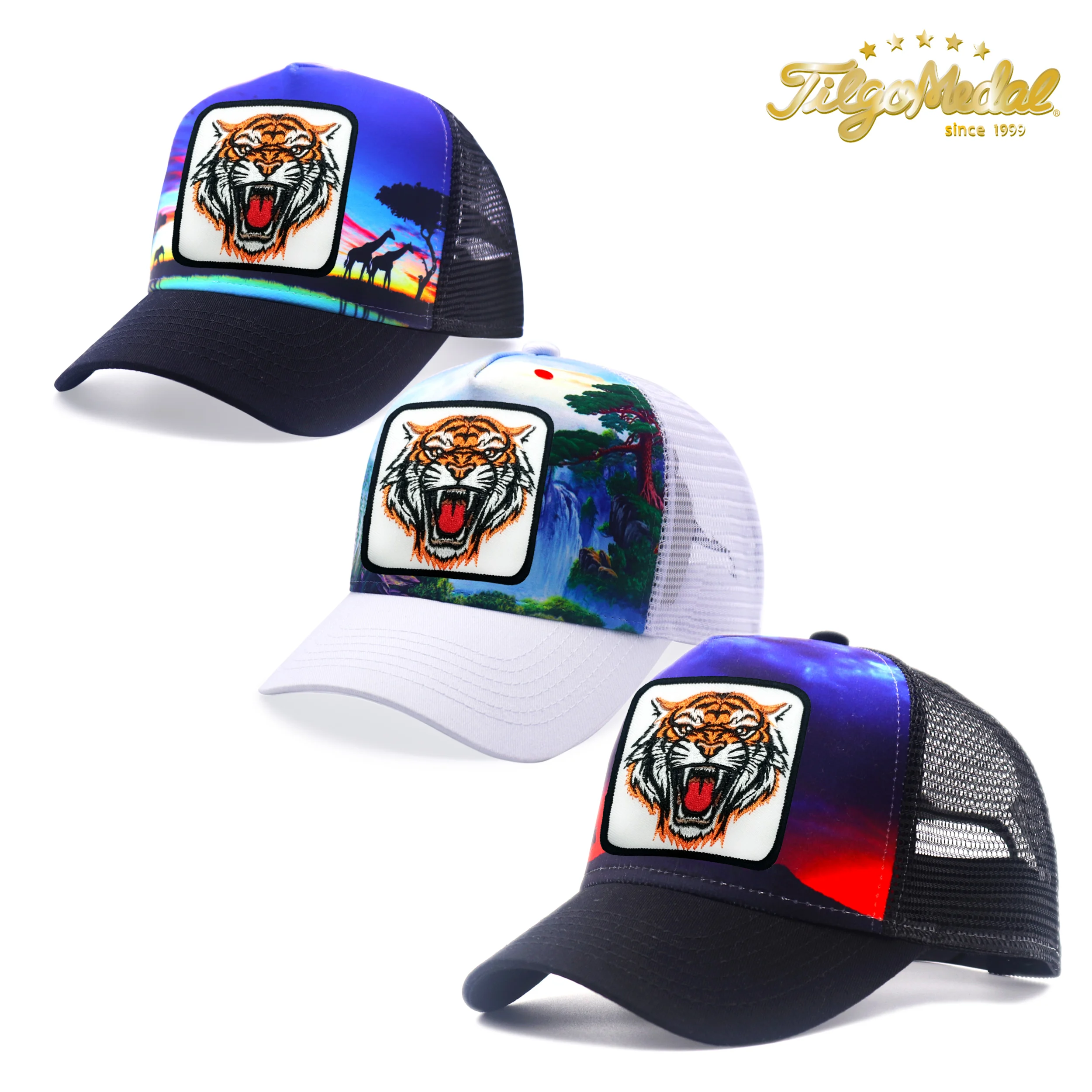 Unisex Trucker Mesh Caps for Men Women Farm Animal Tiger Embroidery Badge Snapback Hats African Savanna Background