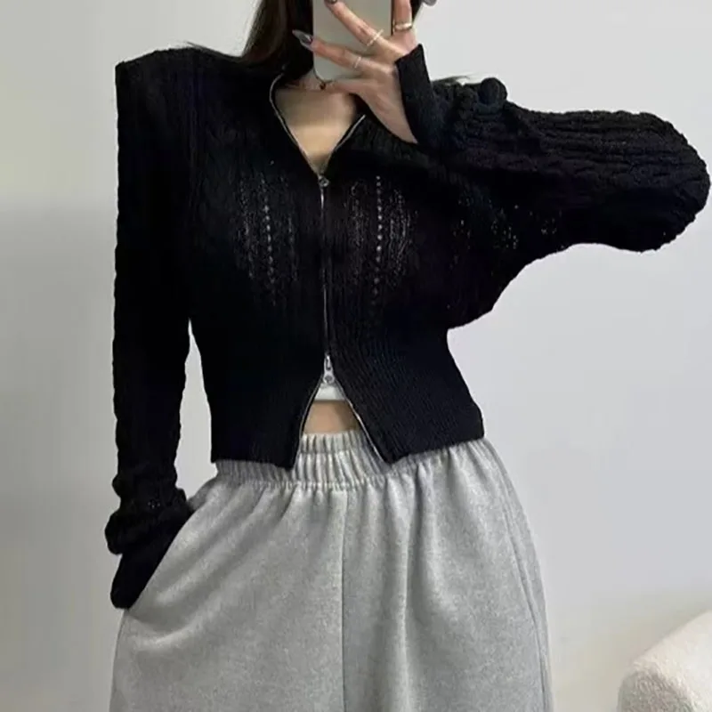 

Casual Shoulder Pads Long Sleeve Solid Coats Women's Fashion Stand Collar Cardigans Jackets Elegant Zipper Hollow Out Knitted