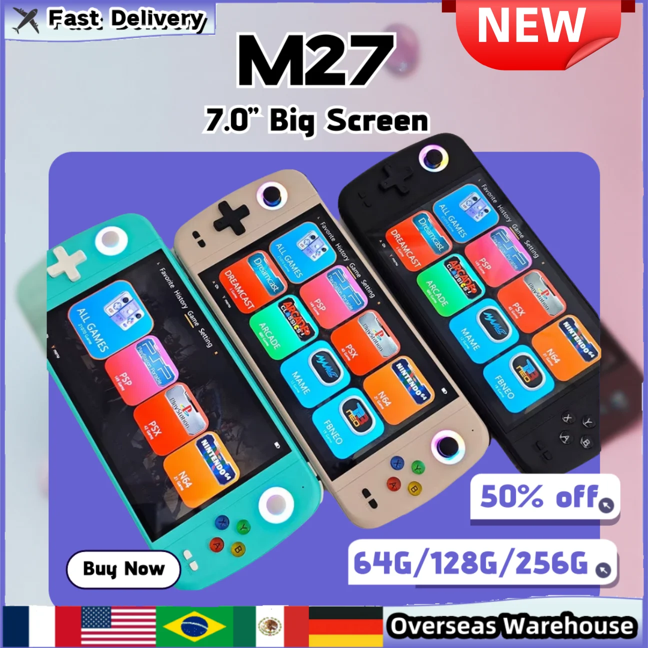 

Портативная игровая консоль M27 Retro с большим экраном 7.0 дюймов, 256 ГБ, более 70000 игр для PS1, PSP, ARC, подарок для мужчин, новые консоли