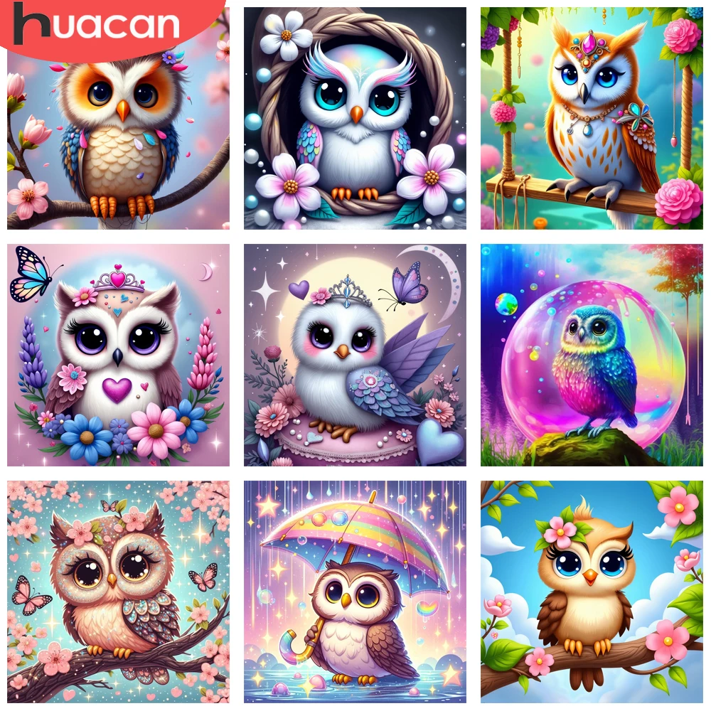 

HUACAN Diamond Painting Novelties Owl Animal Full Round Diamond Mosaic Flower Home Wall Decoration