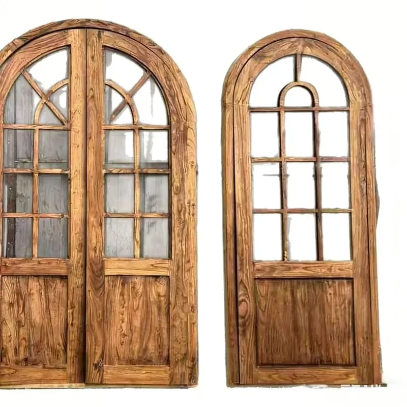 Vintage Arched Solid Elm Wood Interior Door with Glass Panel Retro Style for Cafe Milk Tea Shop Entrance Decor