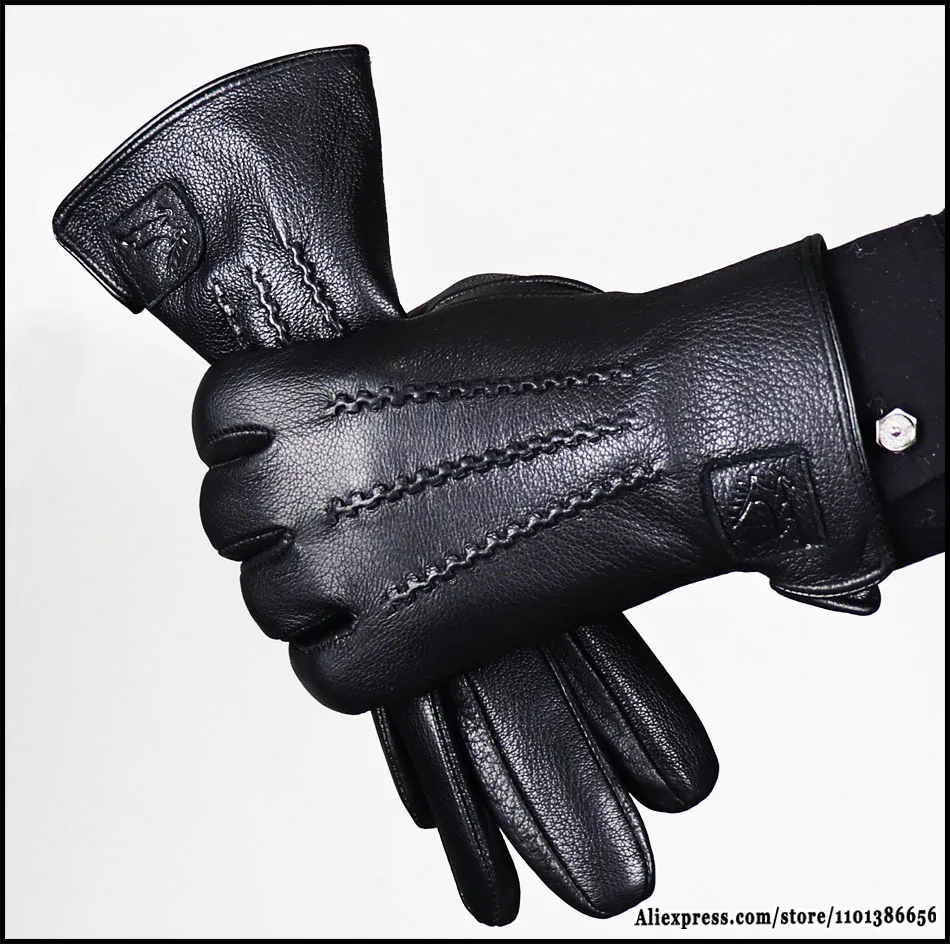 High-end Men\'s Leather Gloves Deer Leather Texture Goat Leather Winter Warm Driving Cycling Wool Knitted Lining 2024  New Style