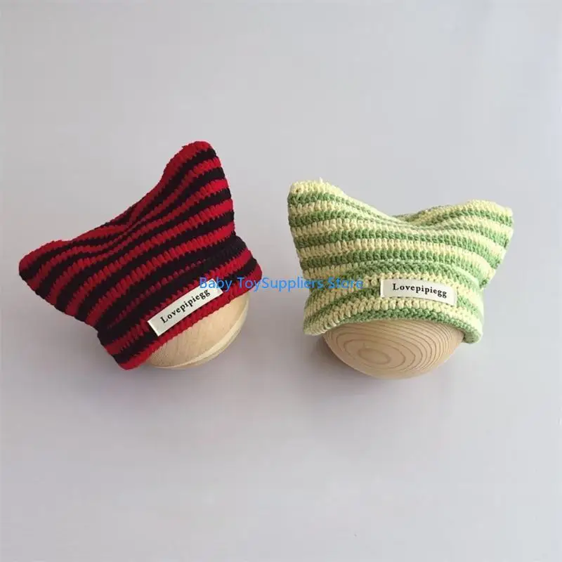

R1WF Korean Baby Hat Children Striped Knitted Hat With Double Ears Curled