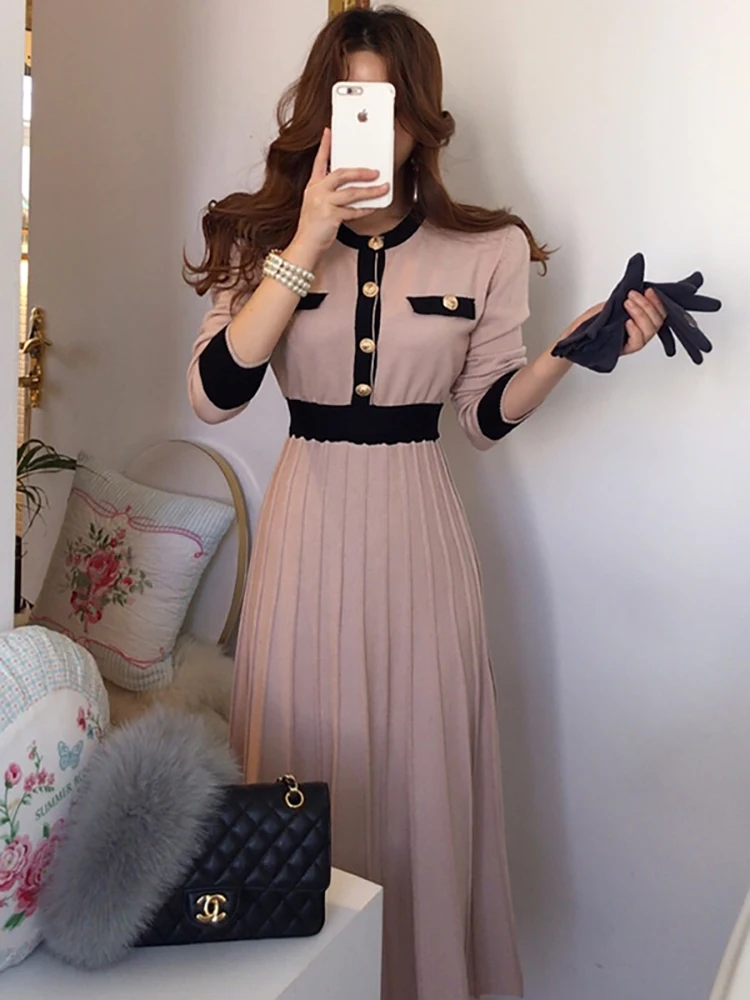 2023 Autumn Korean Knitted Women Long Pleated Dress Women Long Sleeve Single-breasted A-line Dresses Elegant Ladies Vestidos