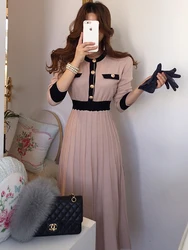 2023 Autumn Korean Knitted Women Long Pleated Dress Women Long Sleeve Single-breasted A-line Dresses Elegant Ladies Vestidos