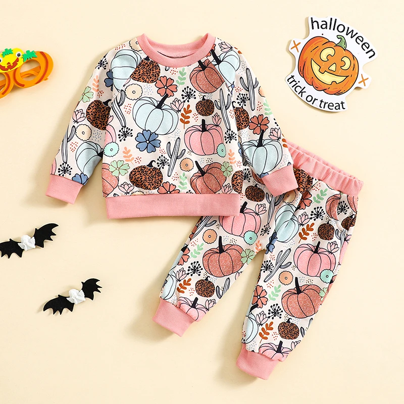 Baby Girl Fall Outfit Flower Pumpkin Print Long Sleeve Sweatshirts Elastic Waist Long Pants 2Pcs Halloween Clothes Set 0-3 Years