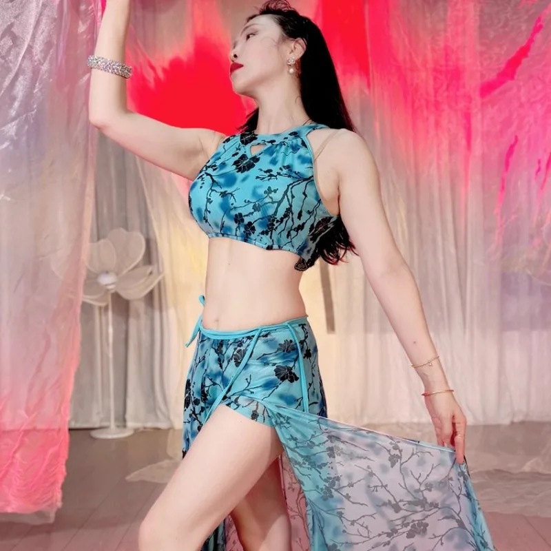 

Индивидуальный тренировочный наряд для танца живота Swega, костюм для восточного танца, сетчатый костюм с принтом, открытая спина, без бретелек, на талии, висящая большая распашная юбка