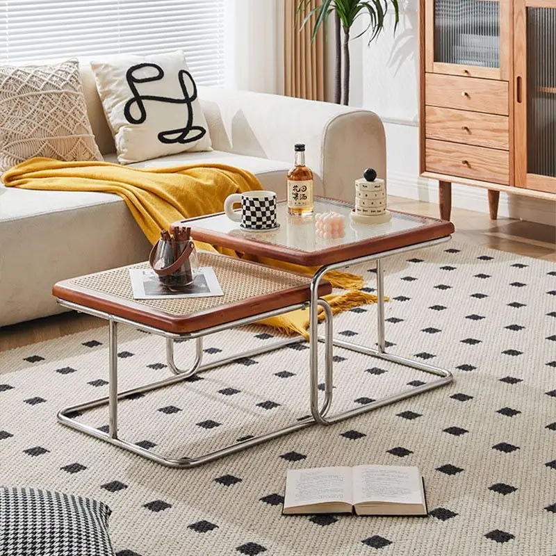 

Nordic Middle Ancient Style Tea Table Modern Minimalist Stainless Steel Solid Wood Glass Vine Weaving Combination Furniture