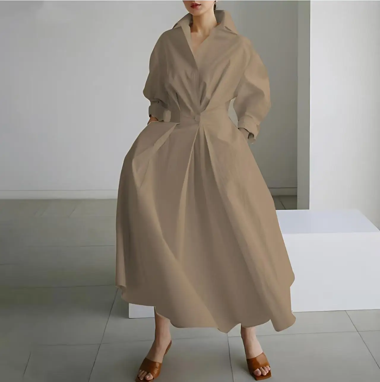 Elegante Damen-Sommerkleider 2026, lockeres A-Linien-Maxikleid mit langen Ärmeln und Taschen, für Büro, Pendler, Straßen- und Freizeitmode. – Detail 3