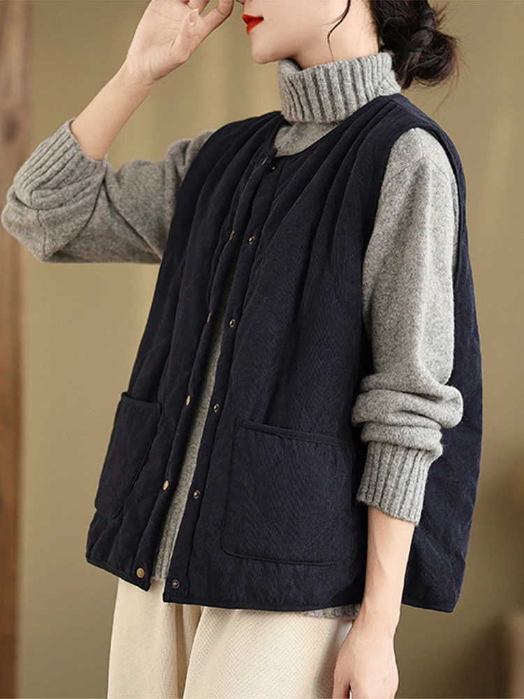 

2025 New Autumn Winter Women Corduroy Waistcoats Elegant Fashion Thick Warm Sleeveless Vest Coat Plus Velvet Bottom Tops