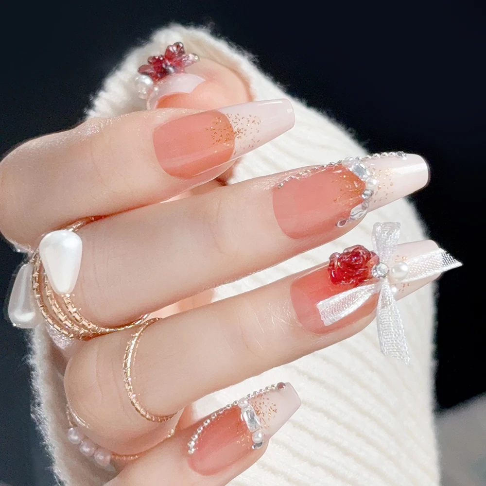 24 Uds. De lazos elegantes y Camelia, uñas postizas francesas con mariposas rojas en 3D, diamantes de imitación de resina, ataúd largo, puntas de extensión de uñas postizas