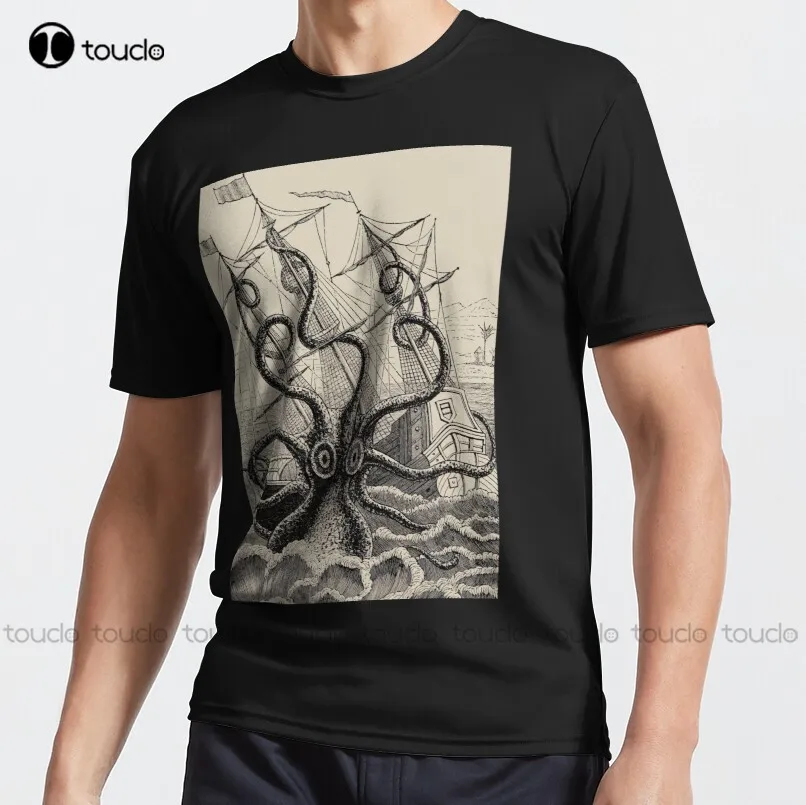 Vintage Kraken Attacking Ship Illustration Active T-Shirt Hiking Shirt Custom Aldult Teen Unisex Digital Printing Tee Shirt New