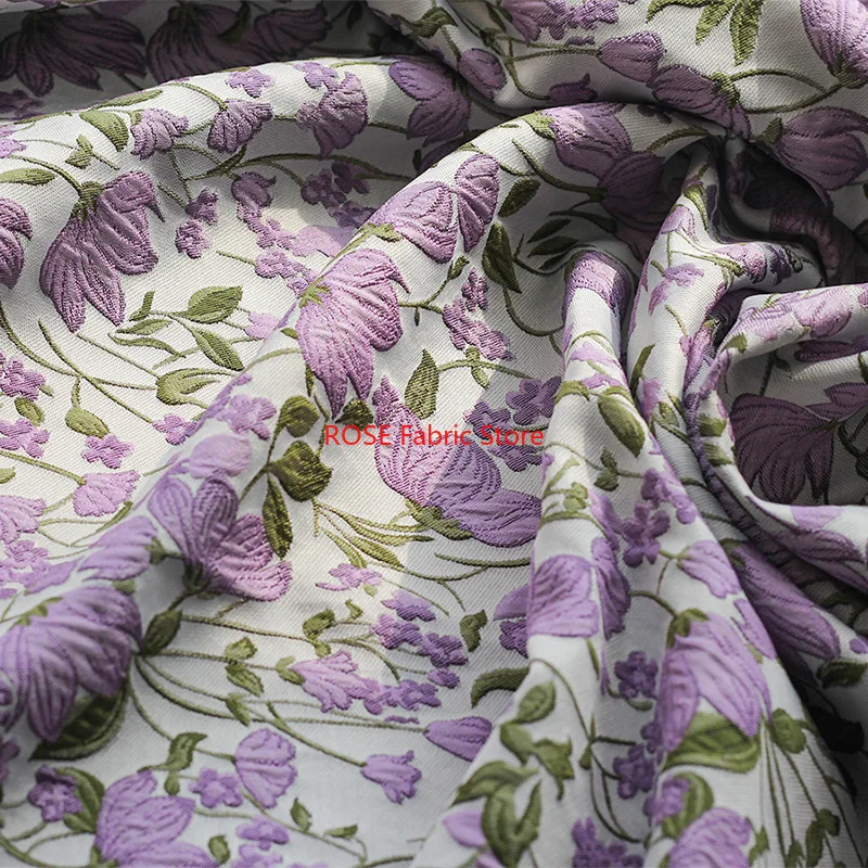 1 meter Yarn Dyed Flower Jacquard Fabric Soft Drape Purple Pastoral Fabric Women's Fashion Dress Fabric