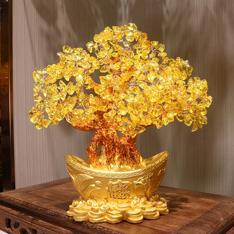 Lucky Money Tree Chinese Gold Ingot Crystal Fortune Tree Ornament Wealth Ornament Home Office Table Decoration Tabletop Crafts