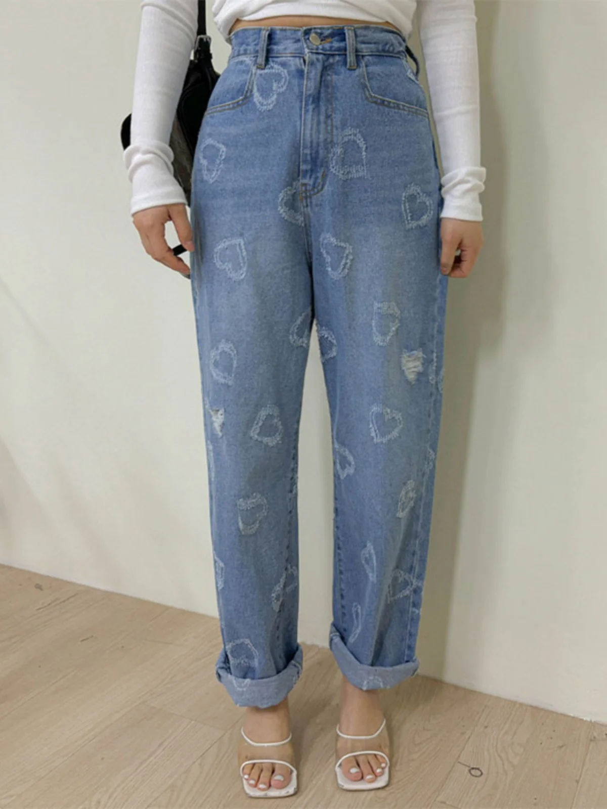 Vintage hoge taille opstaande kraag hart aped denim jeans dames faionable cool veelzijdige wijde pijpen broek zomer 2024