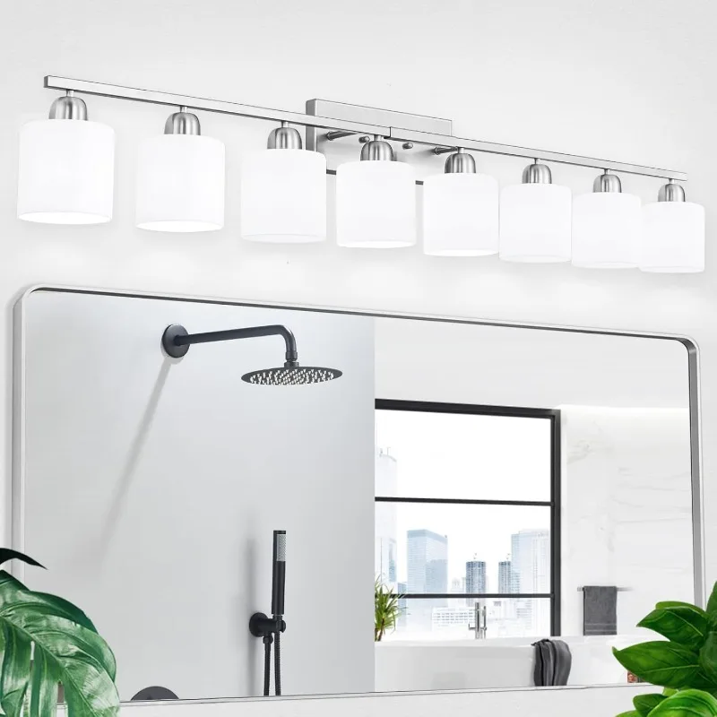 

Brushed Nickel Light Fixture Bathroom for Huge Mirror, 8 Light Mirror Lights with Milky White Frosted Glass Shades, 51 inch Bath