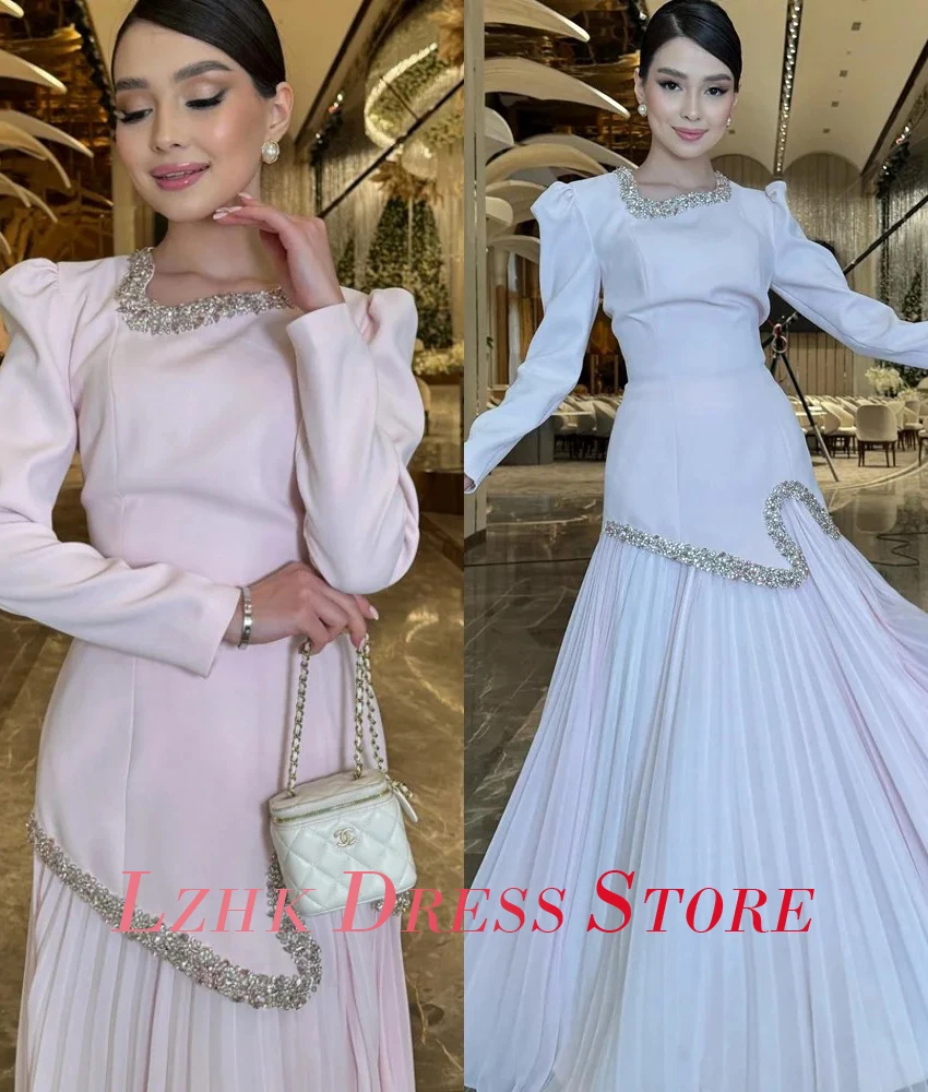 カスタマイズされた優雅なシフォン A ラインビーズクリスタル真珠イブニングドレス気質長袖スクエアネックウエディングドレス