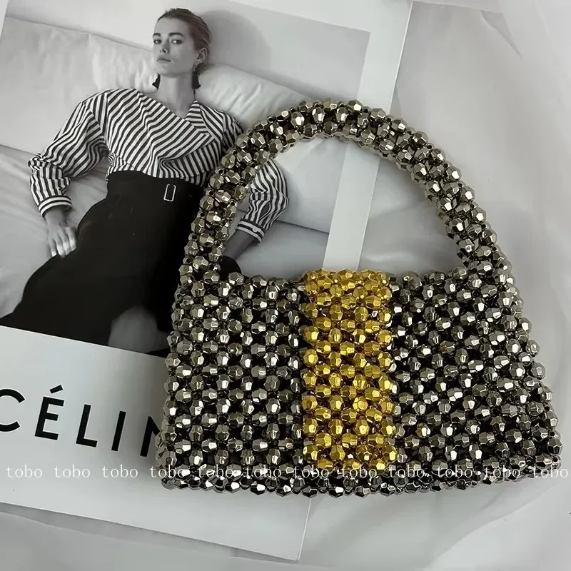 2024 Sliver Metal Color Acrylic Bead Box Purses for Women Summer Beach Beaded Handbags Ladies Evening Fashion Luxury Bag