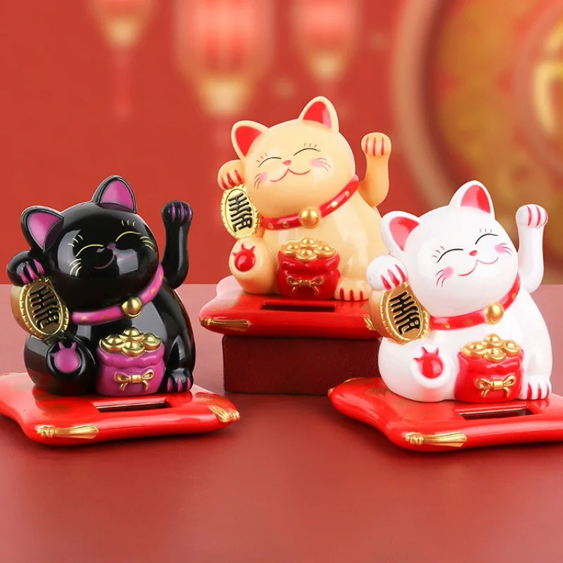 Solar Energy Lucky Cat Statue Mini Waving Cat Automotive Ornaments Suitable for Office Store Car Decoration Statue Home Supplies