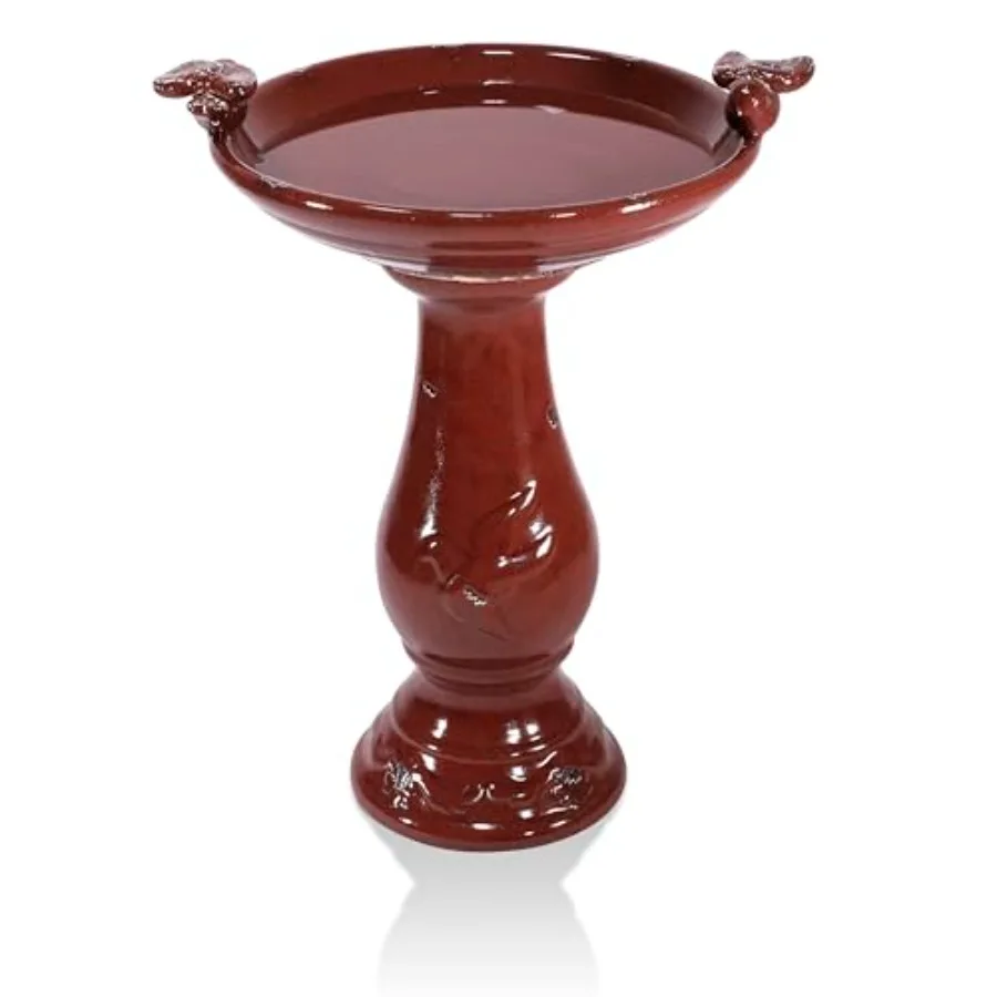 Outdoor antique ceramic birdbath, 25 inches tall, red, vintage-style garden decor for patio, yard, and lawn with two bird figur