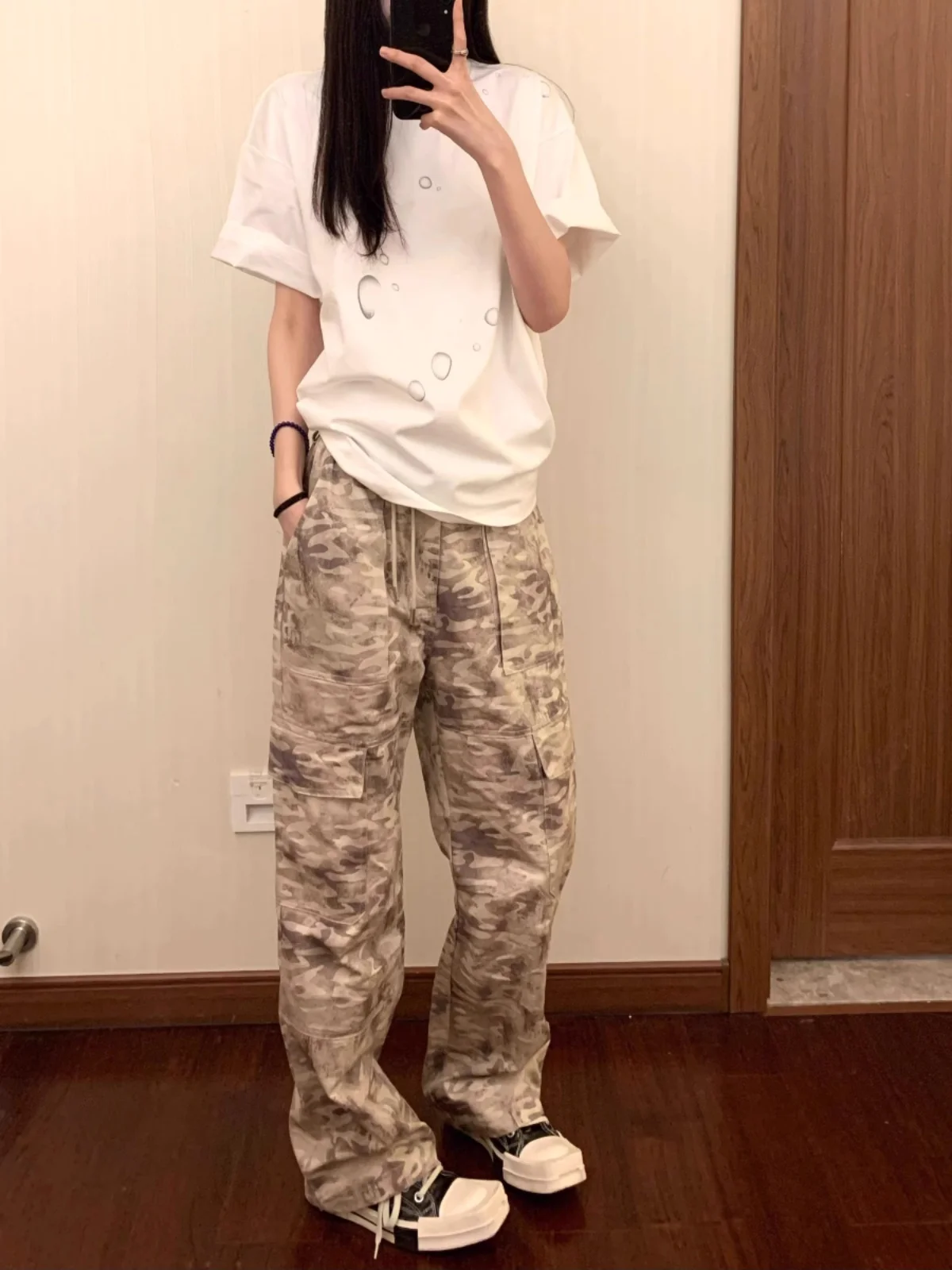 

2025 American Sle Retro High Street Camouflage Work Pants Women Summer Loose Casual Straight Leg Sports Wide Leg Pants