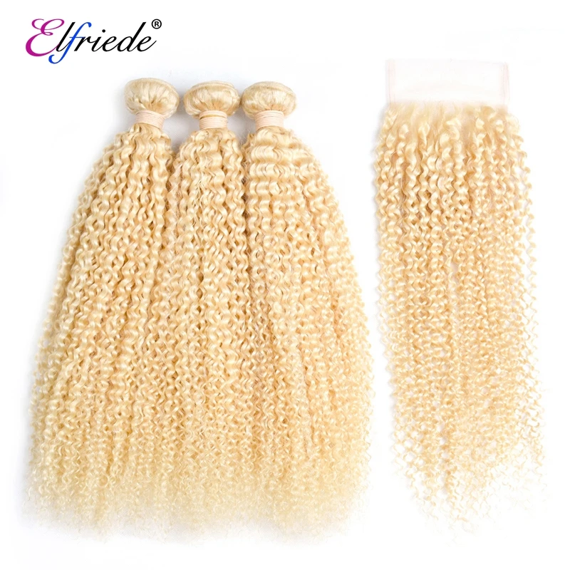 

Elfriede #613 Blonde Kinky Curly Bundles with Closure 100% Brazilian Remy Human Hair Weaves 3 Bundles with Lace Closure 4x4