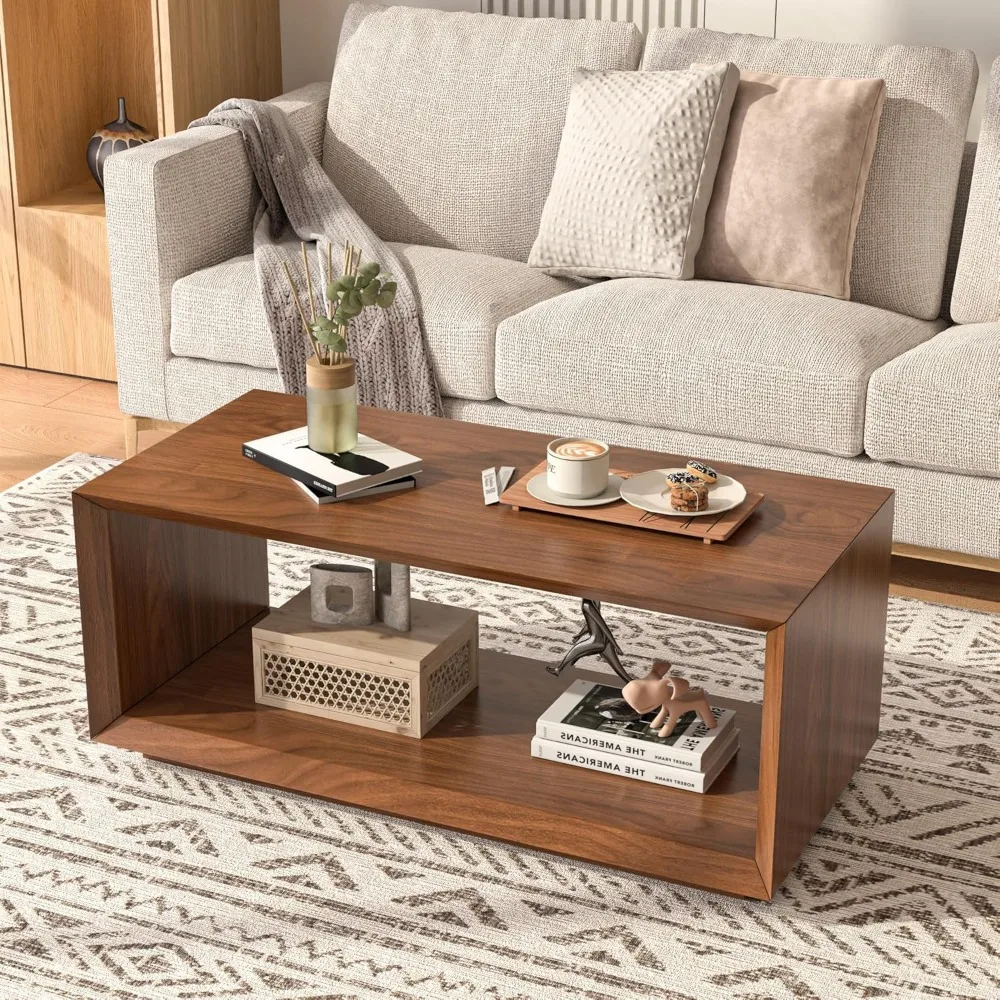 Coffee Table with Storage, Mid Century Modern, Rectangle Cocktail Tea Table, Farmhouse Wood Coffee Table for Living Room, Home O