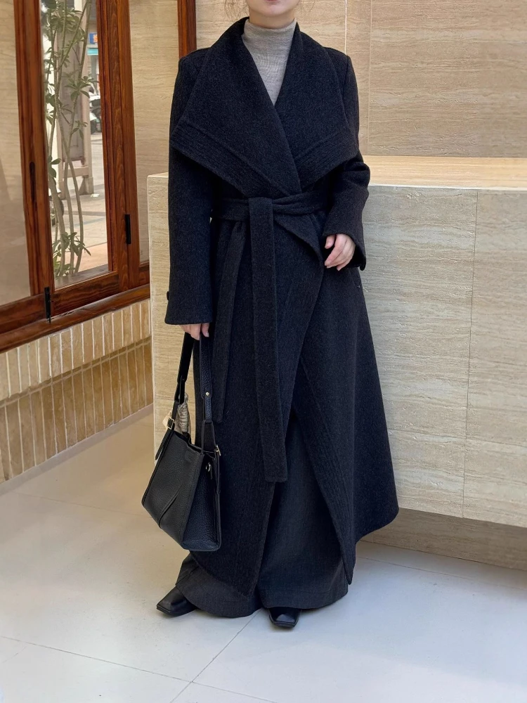 

Двустороннее шерстяное пальто с большим воротником с лацканами, женские элегантные удлиненные парки на шнуровке, зима 2025 года, свободная толстая теплая шерстяная куртка, верхняя одежда