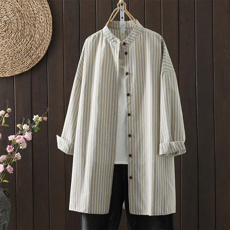 

Loose Fit Striped Long Sve irt Women's Autumn Faion plus Size Casual Sle Cotton Linen Blend Slimming Top