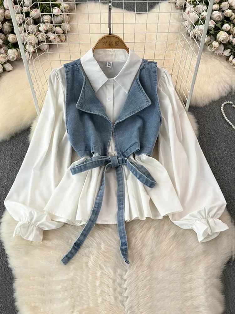 Spring Autumn Women\'s Top Vest Two-piece Set New Korean Version Loose Long Sleeve Shirt Short Denim Vest Coat A119